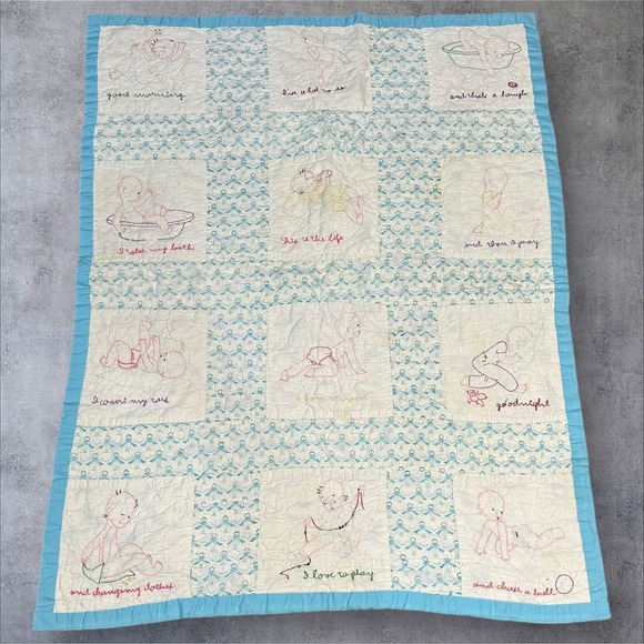 Vintage Handmade Embroidered Baby‎ Quilt Crib Blanket Blue White 28x39